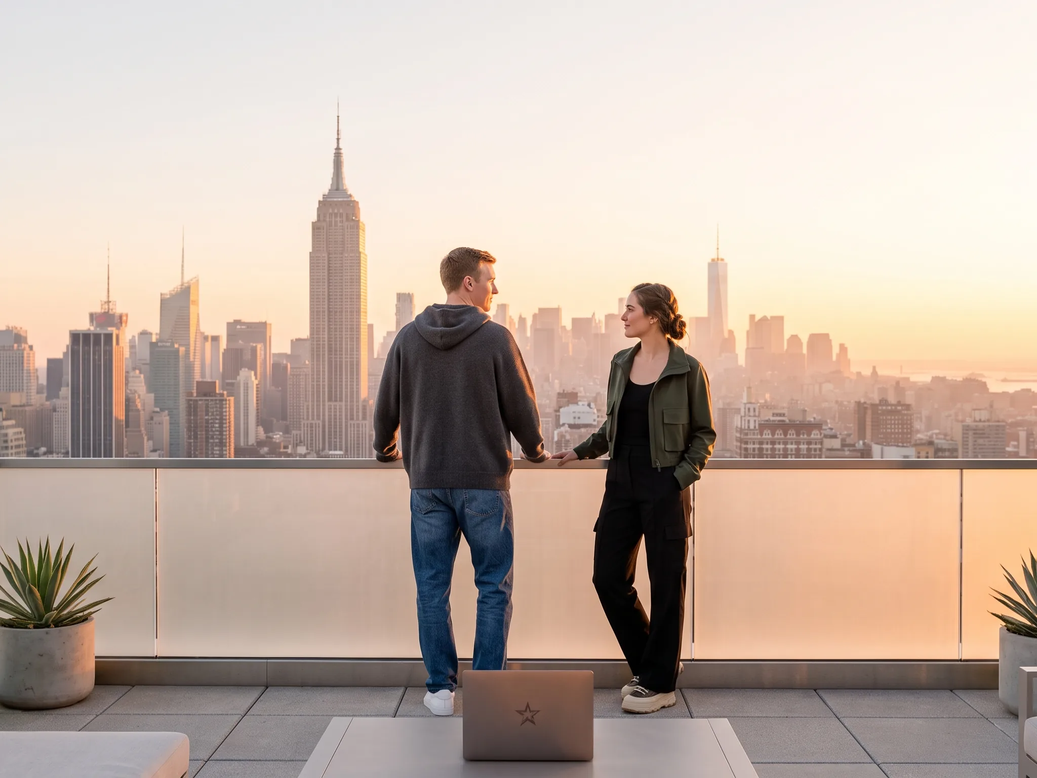 Co-founders on a rooftop, Manhattan skyline behind them